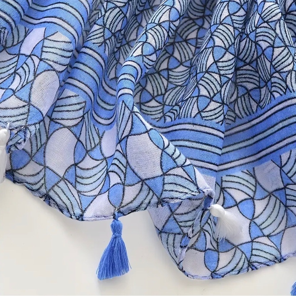 Large Square tassel scarf white and blue - Picture 5 of 5